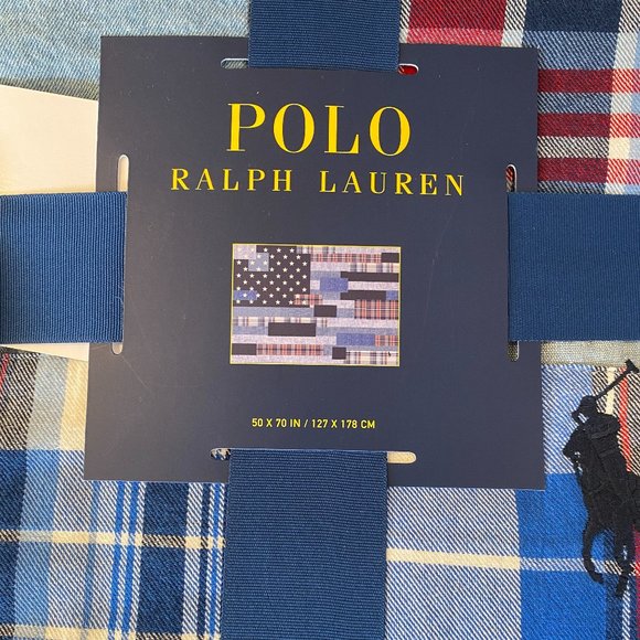 Polo Ralph Lauren Ramsey Patchwork Flag 100% Cotton Denim Blue Throw Blanket - Picture 6 of 11